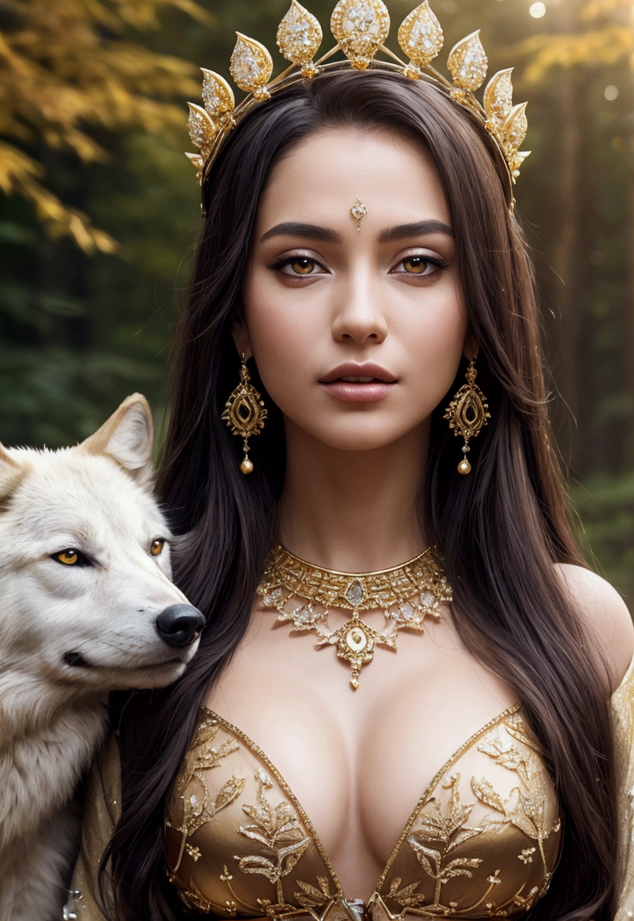 Masterpiece, A beautiful queen, crowned with gold and diamonds sits in the forest in autumn, accompanied by a large white wolf, on the edge of a clear and very beautiful river, high definition at 4k resolution, sharp focus, with very detailed facial features and realistic visual style, high detail face, high detail skin, high resolution, photo-realistic, cinematic lighting, depth of field, bokeh