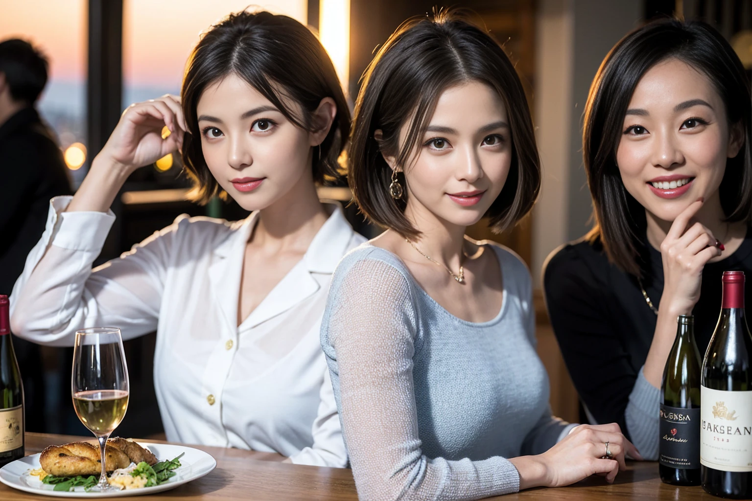 (Realistic:1.1),(masterpiece,Highest quality),8k,(37 years old), 42 years old, slimカップル、Model Couple、actress/actor、Tight waist,Upper Body,full-course dinner、wine 、Amazing view of the sunset sky and clouds、Perfect Anatomy, Brown Hair, short hair,Random Hairstyles,((Highly detailed face and eyes:1.2))(cute顔:1.4),美しいactressの顔,Perfect golden ratio face,Long sleeve shirt、dress,(smile:1.2)、Shortcuts、cute、(Realistic, Intricate details:1.2), A bright smile、short hair,Bright Face、赤wine 、Appetizers、Italian food、wine bottle、Champagne、スパークリングwine、(slimな顔), (The body is slim), (Brown Hair), (Shortcuts), Upper Body, 白wine, slim, wineグラス,