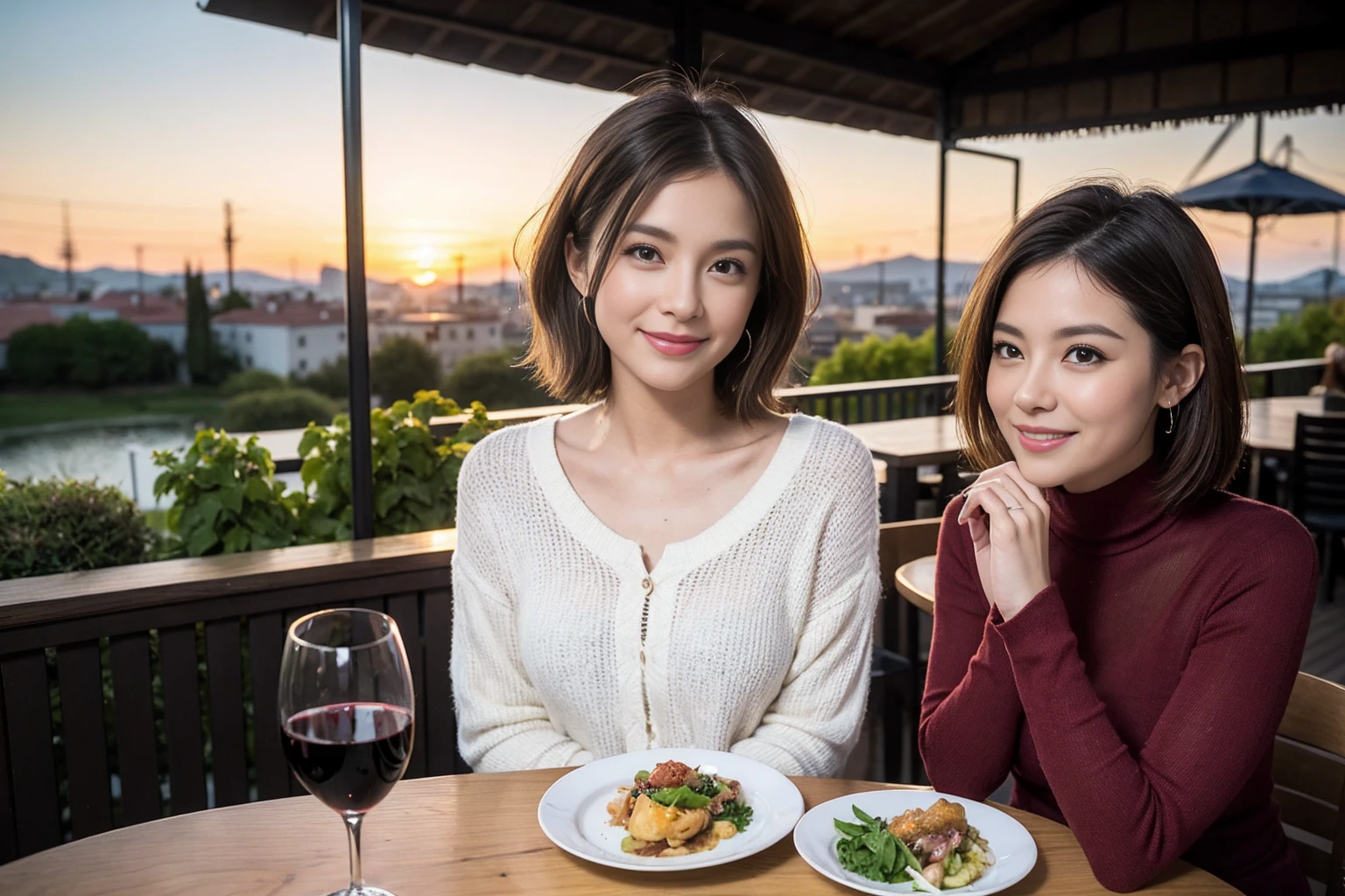 (Realistic:1.1),(masterpiece,Highest quality),8k,(37 years old), 42 years old, slimカップル、Model Couple、actress/actor、Tight waist,Upper Body,full-course dinner、wine 、Amazing view of the sunset sky and clouds、Perfect Anatomy, Brown Hair, short hair,Random Hairstyles,((Highly detailed face and eyes:1.2))(cute顔:1.4),美しいactressの顔,Perfect golden ratio face,Long sleeve shirt、dress,(smile:1.2)、Shortcuts、cute、(Realistic, Intricate details:1.2), A bright smile、short hair,Bright Face、赤wine 、Appetizers、Italian food、wine bottle、Champagne、スパークリングwine、(slimな顔), (The body is slim), (Brown Hair), (Shortcuts), Upper Body, 白wine, slim, wineグラス,
