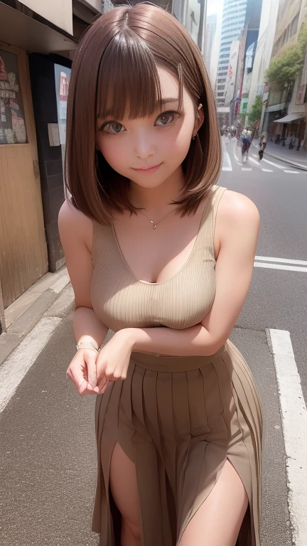 ((Pleated long skirt with slit))、Tank top shirt、In the streets of Shibuya、Standing halfway up the stairs、1 girl、Bob Hair、Brown Hair、Medium breast、Anatomically correct limbs、Anatomically correct fingerasterpiece:1.3、Raw photo、Highest quality、Detailed Background、((Photograph from below))、looking at the camera、