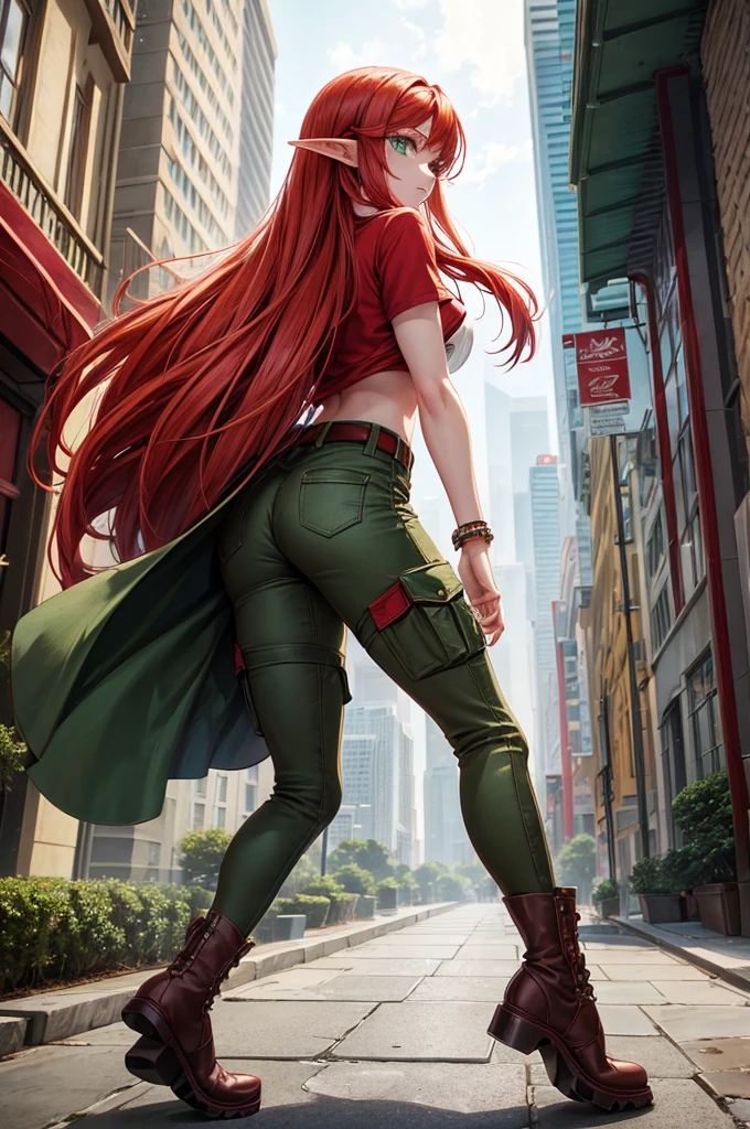 A gigantic red headed female elf. she has long hair and pointy ears, although her ears are human sized. She has a green top and brown cargo shorts. She has back Doc Martens and emerald green eyes. She towers above a city where she walks by, while tiny humans run away in fear of her!