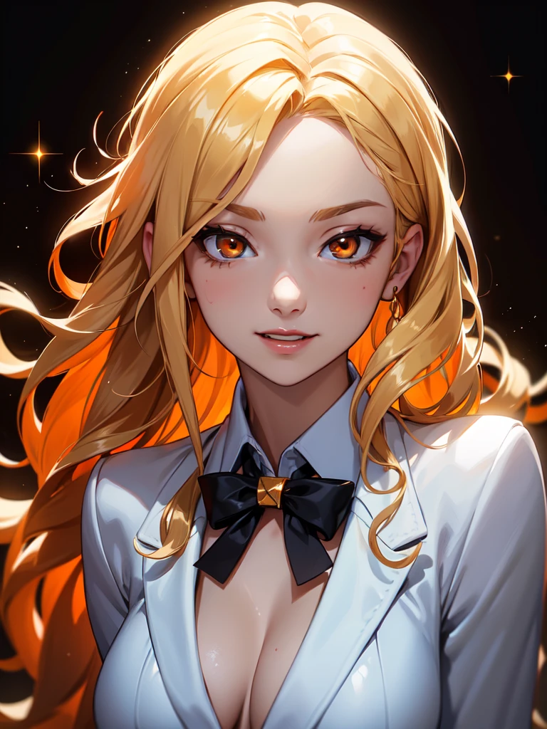 (((Portrait Photo))), She has a Busty, Pretty 18-Year-Old Appearance, with a Small, Slender Build, and a Seductive Figure. She has Short, Wavy Blonde Hair that Frames Her Face, with Strands Falling Around Her Face. Her Striking Orange Eyes Sparkle with Innocence and Mischief, Giving Off a Cheerful and Charming Attitude. She Wears a  Consisting of a White Shirt, an Orange Sweater, and an White Blazer, Emphasizing Her Round Breasts. (((High Quality, Dark Background))), (((Portrait Photo)))