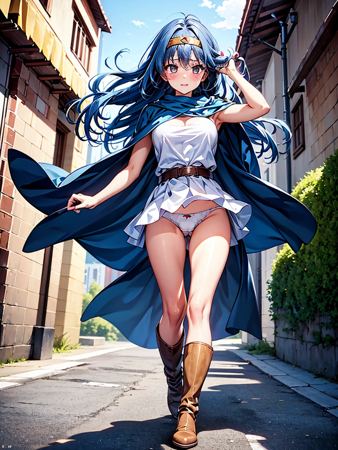 (An adult woman is shooting blue fireballs from her palms, Cast a spell, 地面から上にWindがふきスカートがめくれてパンティが見えている, Sexy and stylish white panties:1:3), Beautiful Anime Woman, Beautiful art style, Anime characters, ((Smooth texture, Realistic texture, アニメCGWind)), ((Highest quality)), (Very detailed), (Very detailed CG 統合 8k 壁紙), Very detailed, High-resolution RAW color photos, Professional photography, masterpiece, Highest quality, beautiful and big breasts, Slender body, (Stunningly beautiful woman), (Detailed face:1.2), (Blue Hair, White Dress, White mini skirt, belt, Red eyes, Circlet, boots, Blue Cape:1.2), (Medieval city, Cobblestone Street, Wind, A man in the street is looking at me:1.2), Perfect lighting, Perfect Shadow, Exact number of arms, Exact number of legs, Perfect Anatomy, Exact finger count、Exact number of legs、(Exact number of arms:1.0, Exact number of hands:1.0), (Perfect hands, Perfect Anatomy), (Embarrassed expression), Angle from the front, Dragon Quest, wise