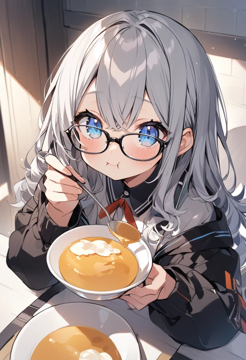 Eating pudding、-yeld giGray Hair、cute、Black glasses、blue eyes、