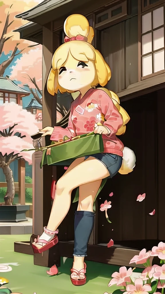 (Isabelle \(Protect animals\):1.1), (masterpiece, best quality:1.15), 1 Girl, Solitary, Small Breasts, Looking at the audience, Maroon eyes, permanent, Cross your legs, Even attract, Red Killer Sweater, jeans, sky, picturesque, Idyllic, outdoor, Cherry blossoms, Tree, Japanese Architecture, garden, pink, Flowers, petal, falling petal, Japanese Garden, used to be, Cherry blossoms, Long hair, French Braid, Ahog, affectionate, Small heads, Small Eyes, Flat nose