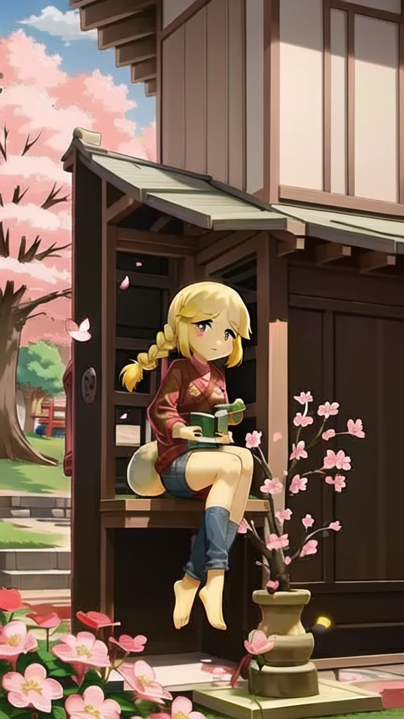 (Isabelle \(Protect animals\):1.1), (masterpiece, best quality:1.15), 1 Girl, Solitary, Small Breasts, Looking at the audience, Maroon eyes, permanent, Cross your legs, Even attract, Red Killer Sweater, jeans, sky, picturesque, Idyllic, outdoor, Cherry blossoms, Tree, Japanese Architecture, garden, pink, Flowers, petal, falling petal, Japanese Garden, used to be, Cherry blossoms, Long hair, French Braid, Ahog, affectionate, Small heads, Small Eyes, Flat nose