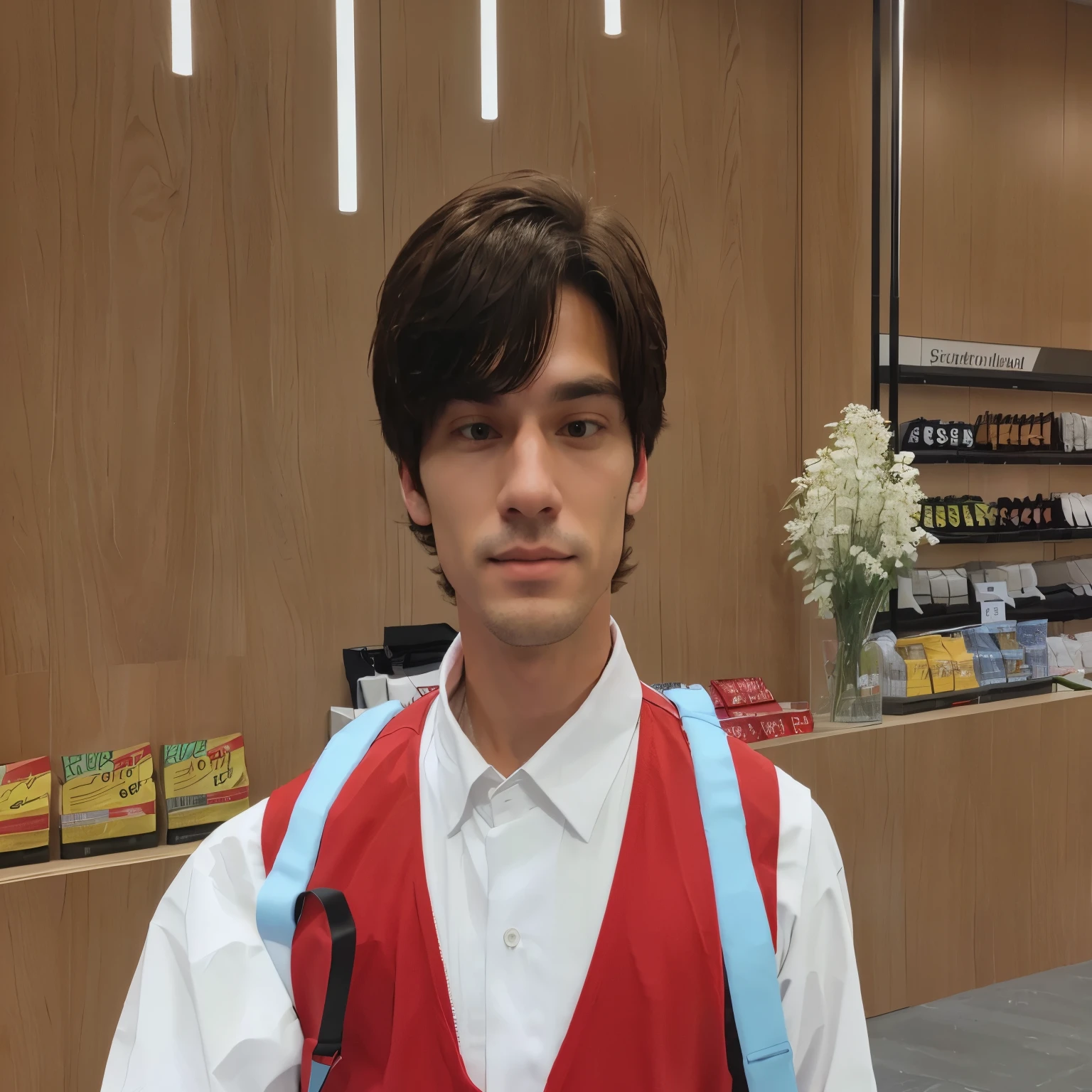 there is a man in a red vest and white shirt in a store