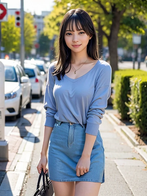 Young woman standing on the street, Blur the background, beautiful, Realistic