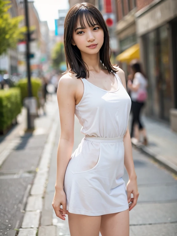 Young woman standing on the street, Blur the background, beautiful, Realistic