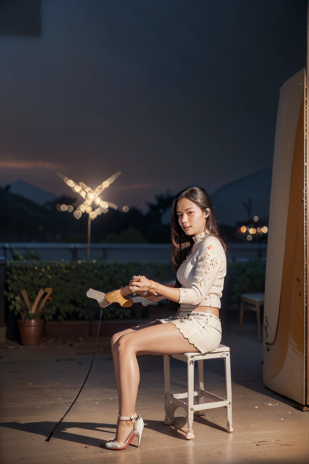 masterpiece, best quality, ultra detailed, high resolution, 1 girl, ((pretty lady MoonLay)), Burmese girl, ((pretty lady MoonLay's seductive sweet face with sweet smile:1.2)), ((playing guitar:2)), ((singing)), ((electric guitar)), ((restaurant with unplugged background:1.5)), golden hour setting, 8k, (black sweater turtleneck tight blouse), ((many white flowers pattern printed on black mini tight skirt:1.2)), ((stiletto high heel:1.4)), (sitting on stylish stage stool), (((crossing legs:1.1))), (stiletto high heel), ((full body front angle side view:1.5)), ((blur background with star shaped bokeh effect to highlight portrait better)), (vibrant HDR lighting),