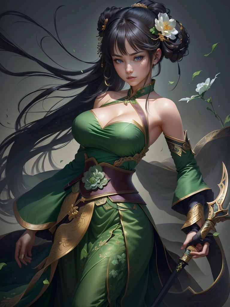 a woman in a green dress holding a sword and a flower, inspired by Li Mei-shu, inspired by Shen Zhou, inspired by Wu Li, inspired by Wu Zuoren, yun ling, inspired by Ju Lian, inspired by Li Tang, full body xianxia, inspired by Qiu Ying, inspired by Lan Ying, xianxia hero, Highly detailed CG unit 8k wallpaper, masterpiece, High resolution, highest quality, highest quality real texture skin, Super Real, Digital Painting, Best image quality, 最High resolution, 8k, ((Highly detailed eyes and face)), 1girl, Beautiful eyes every detail, Full Body Shot, Cleavage, disproportionate breasts, gigantic breasts, erect nipple, Off the shoulder,
