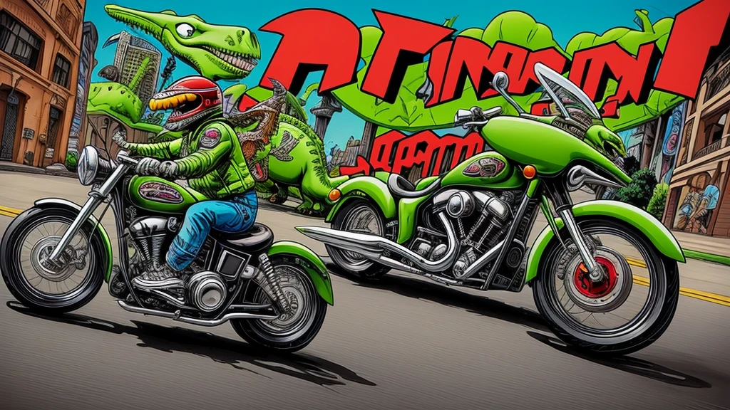 cartoon of a man riding a motorcycle with a dinosaur on the back, underground comix, a digital rendering, by Ed Roth, rat fink style, ratfink, frank kozik, motorbikers race in hell, john kricfalusi