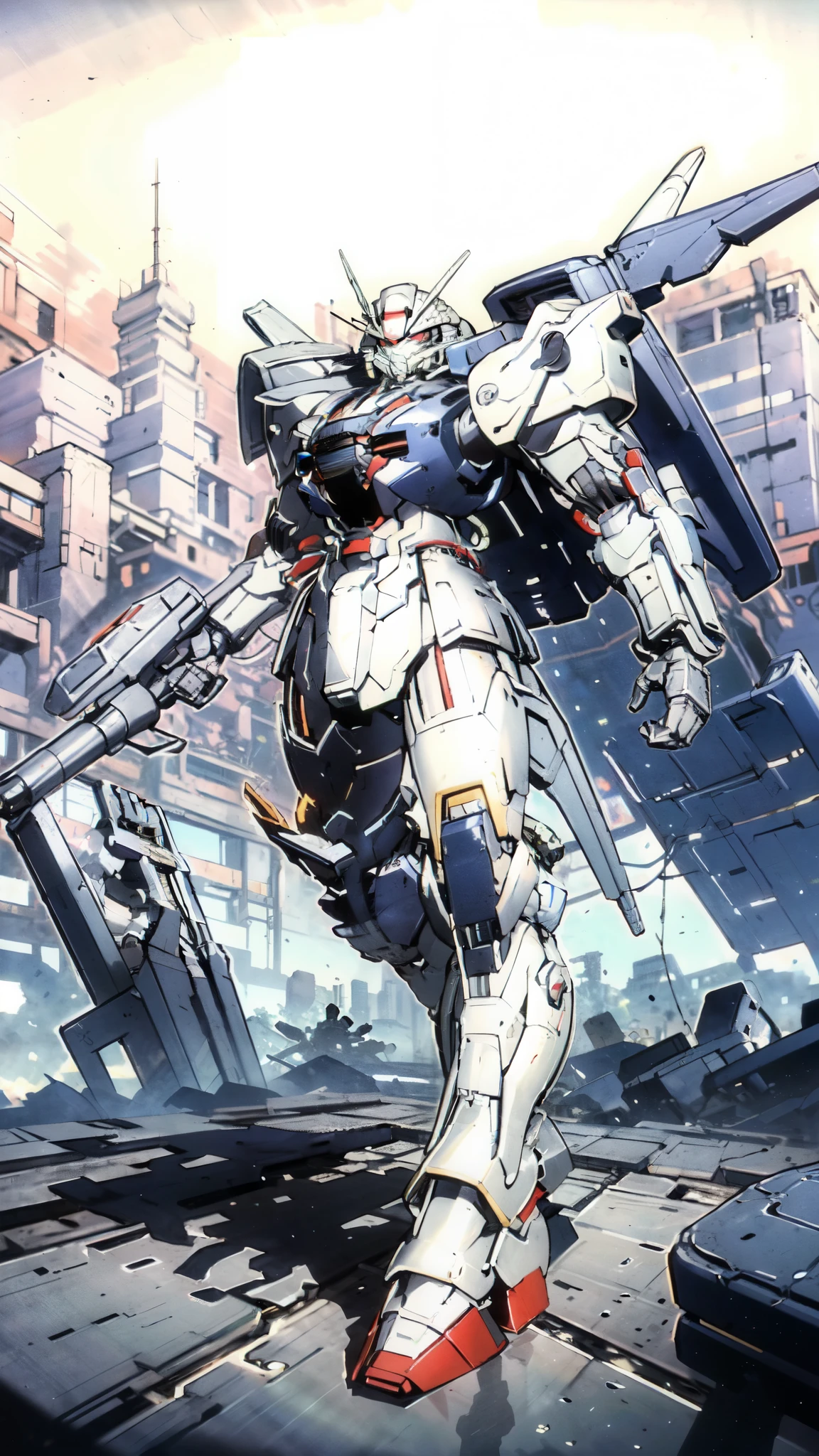 (masterpiece:1.5, best quality:1.5, extremely delicate:1.5), humanoid Mecha, fully enclosed shoulder guards, matching arm and leg guards, full body, full armor, the design balances heavy with agility, (the color scheme is primarily white with red and blue accents, the concept Inspired by Super robot, organic biotech armor, standing, floating high above the futuristic sci-fi city), exquisite and mature art style, (aura effect, energy, glowing eyes, the armor glows), ((SRS)), metallic, dramatic, high definition, highres, ultra-detailed, ultra-fine painting, professional, perfect body proportions, anatomically correct, symmetrical face, extremely detailed eyes and face, high quality eyes, creativity, RAW photo, UHD, 32k, Natural light, cinematic lighting, masterpiece-anatomy-perfect