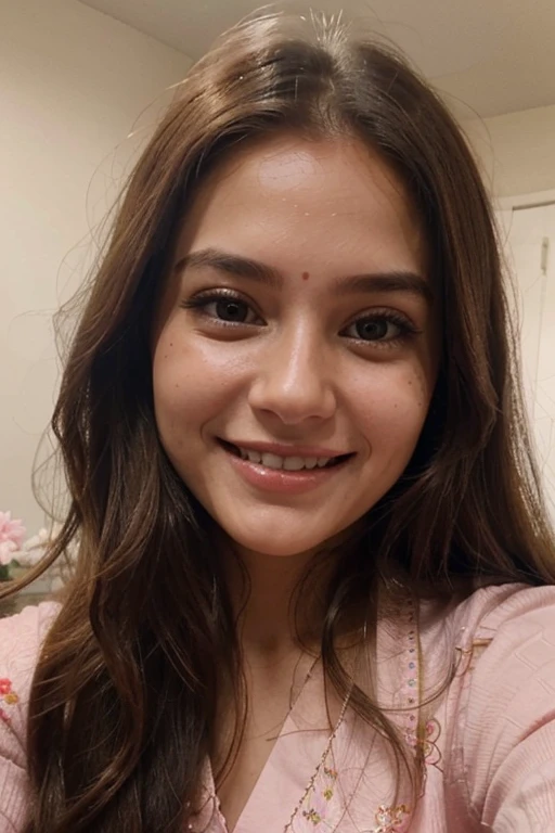 a close up of a woman with long hair wearing a pink blouse, with a beautifull smile, with lovely look, very extremely beautiful, selfie of a young woman, traditional beauty, very pretty face, with cute - fine - face, very beautiful girl, cute beautiful, lovely smile, beutiful face, very very very beautifull face, very beautiful enga style
