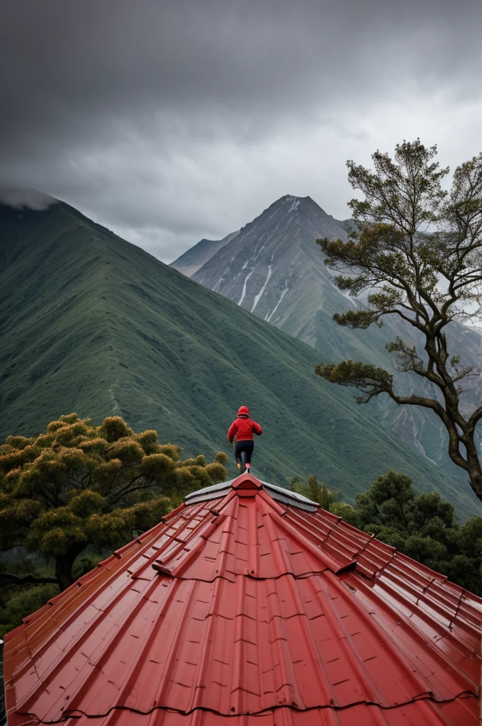 A red roof hutt with big tree shadow on it behind big mountains and a girl with dogy running in heavy rain