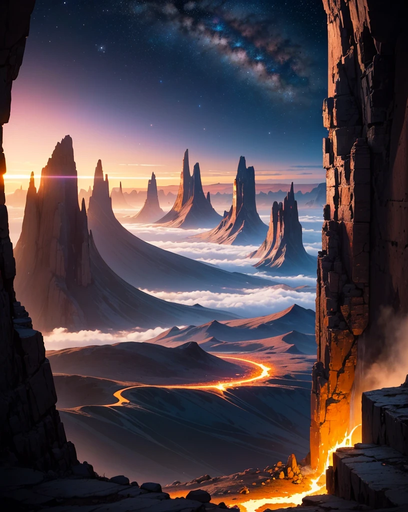 Create a panoramic painting of a night landscape on Mars. The sky is filled with bright stars and vibrant nebulas in colors like blues, purples, and pinks, intertwining in a cosmic spectacle. In the background, strange-shaped mountains rise, with jagged peaks that reflect the starlight softly.

In the foreground, depict rocks and stones in unusual colors, with textures resembling crystal and shiny metals. Add a river of lava flowing slowly, illuminating the landscape with an orange glow. Include alien plants with luminous leaves and whimsical shapes, contrasting with the red, dusty Martian ground.

To add a touch of fantasy, incorporate flying creatures with iridescent wings soaring through the starry sky. Include an astronaut in a contemplative pose, gazing at the horizon, wearing a shiny spacesuit that reflects the colors of the landscape. The atmosphere should evoke a sense of wonder and mystery, transporting the viewer to an imaginary world."