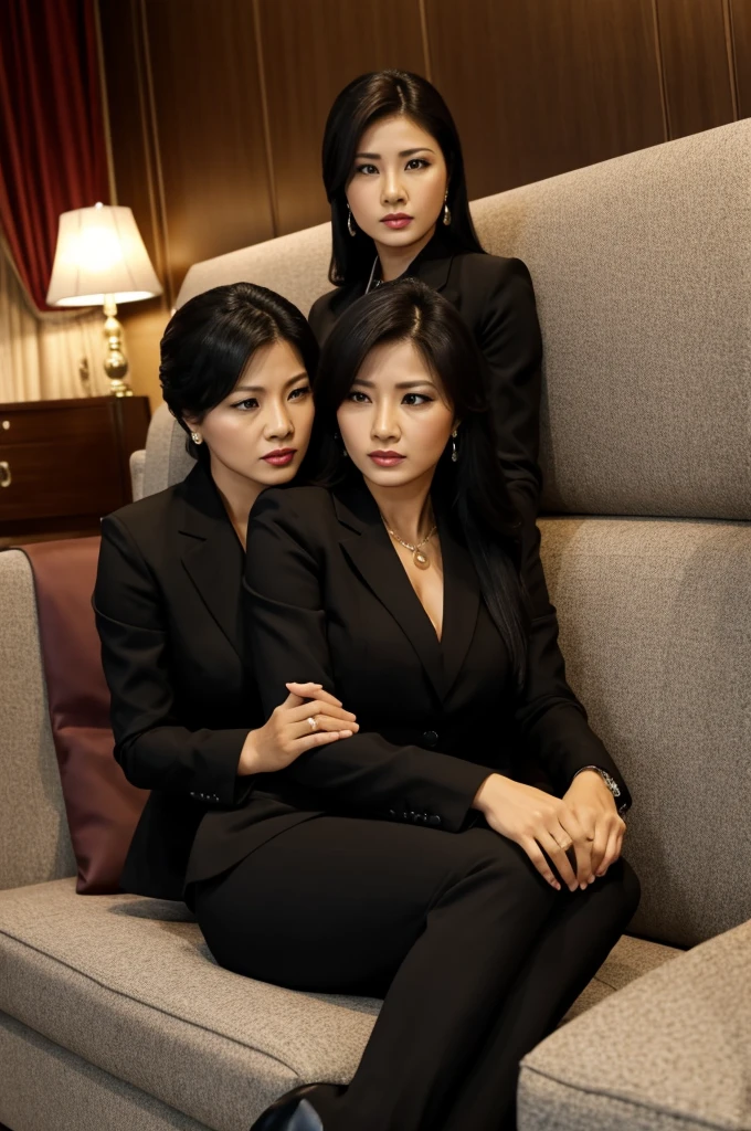 Mafia woman sit on black sofa with innitial auntie manja