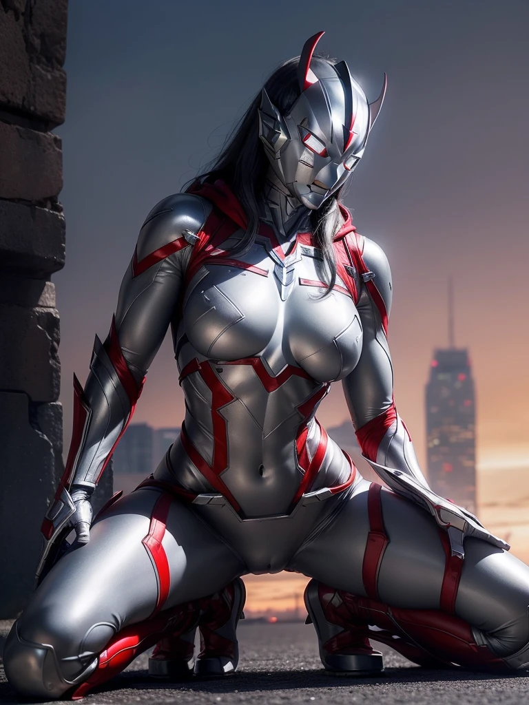 (masterpiece、8k、Ultra-delicate、hight resolution),(((Female Ultraman))),medium breasts,(((No muscleedium Boob))),(His head is tapering,The body is made of red and silver,The arms present a streamlined design,On the chest there is a round calculator,Looks tall and thin,The overall shape is streamlined、modern),(standing athletic pose),posed for photo,high-angle,nigth,city ruins,backgroung details,(((full body Esbian))),solo,(((Huge feeling))),NSFW,cameltoe,Dynamic Pose,from below,groin focus,the morning sun,(Erect clitoris:1.3),(Squatting:1.2),spread legs,(Open pussy:1.1),((wet pussy:1.1)),(long silver hair:1.1),red blush,smile、Attaching a cloak,(cum on face:1.2)