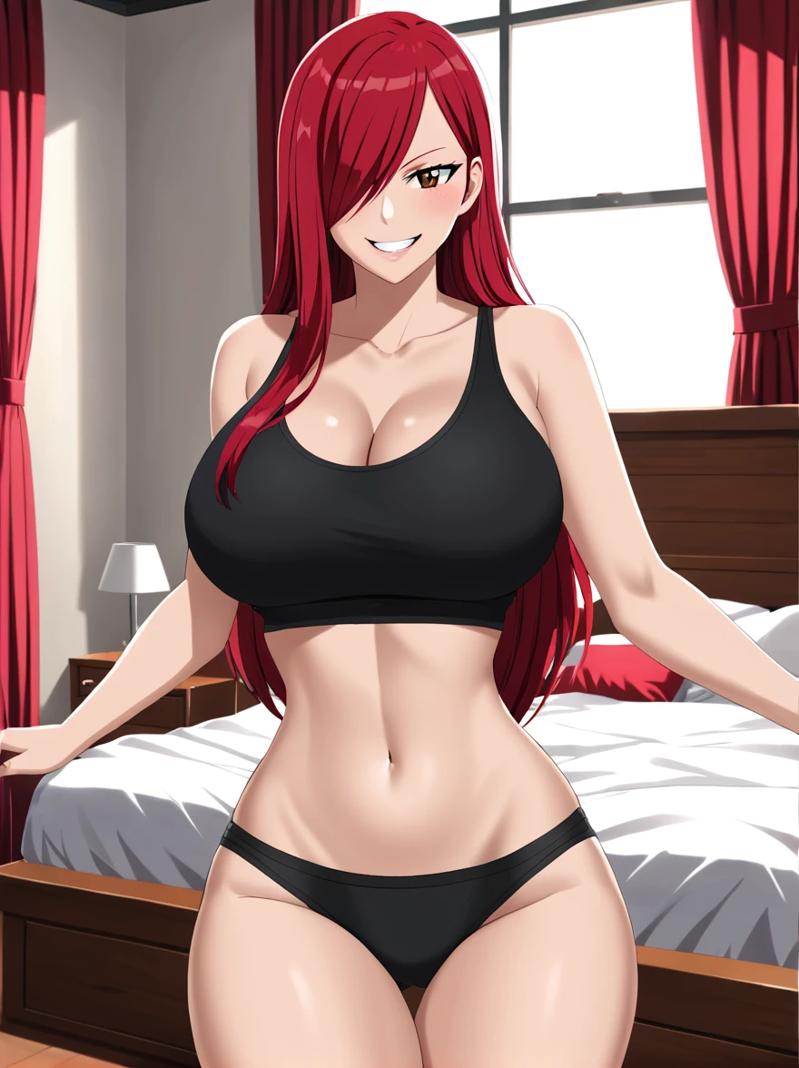 Erza, red hair, navel, crop top, , tank top, collarbone, 1girl, bare shoulders, midriff,cleavage, hair over one eye, large breasts, underwear, long hair,animerza, looking at viewer, grin, brown eyes ,masterpiece, best quality, room, big breasts, cleavage, seductive smile,blush, grabbing breasts, brab breasts, bouncing breasts, nipples, breasts out
