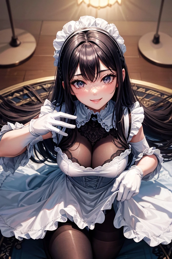 (high quality, 8k, 4K, High Contrast, masterpiece:1.2, 最high quality, Best aesthetics), , Maid, Very detailed, Seductive and erotic girl with lace headdress, smile, (large breast, Silver fur, white gloves), Focus on the face, Focus on the face, Complex eyes, tights, laced tights, coffee shop, Ground angle shot, Viewers looking up, feet in tights, Open-chested clothing