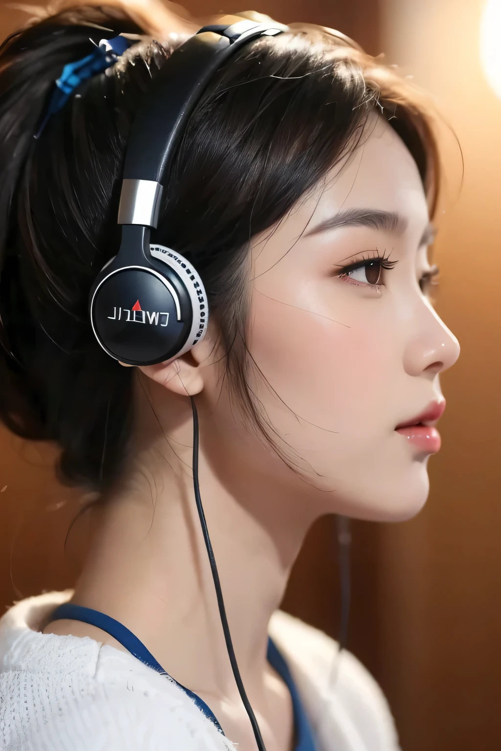 Draw a beautiful Asian girl from the waist up wearing headphones and singing into a microphone in profile, like jfla, a singer who sings cover songs.
