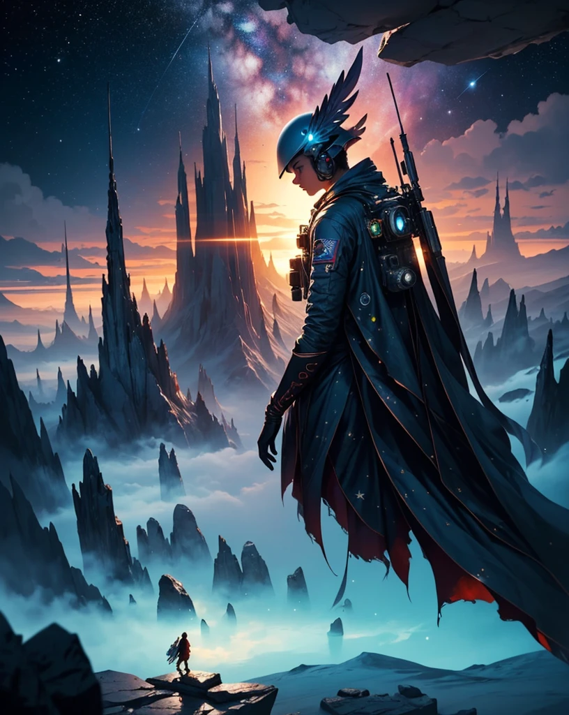 Create a panoramic painting of a night landscape on Mars. The sky is filled with bright stars and vibrant nebulas in colors like blues, purples, and pinks, intertwining in a cosmic spectacle. In the background, strange-shaped mountains rise, with jagged peaks that reflect the starlight softly.
In the foreground, depict rocks and stones in unusual colors, with textures resembling crystal and shiny metals. Add a river of lava flowing slowly, illuminating the landscape with an orange glow. Include alien plants with luminous leaves and whimsical shapes, contrasting with the red, dusty Martian ground.
To add a touch of fantasy, incorporate flying creatures with iridescent wings soaring through the starry sky. Include an astronaut in a contemplative pose, gazing at the horizon, wearing a shiny spacesuit that reflects the colors of the landscape. The atmosphere should evoke a sense of wonder and mystery, transporting the viewer to an imaginary world."