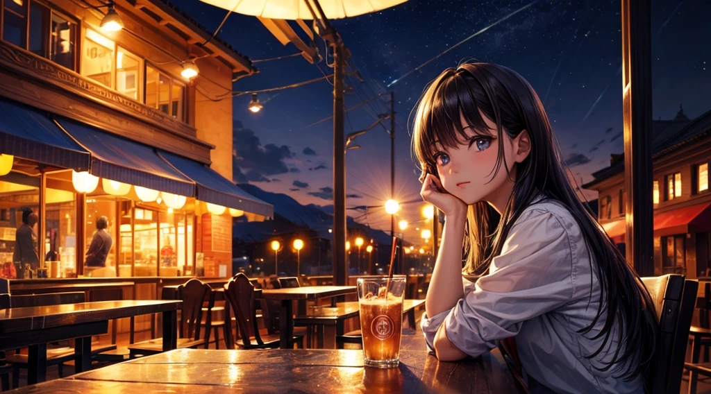 (Original photo, Highest quality), 1 girl, Lisa, night,Cafe, relax, Satosh Khan&#39;Art Style,arms behind back