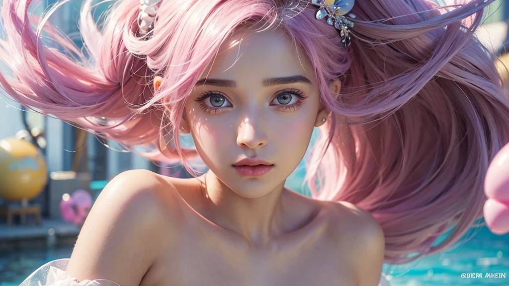 ((masterpiece)). This work is wonderful, dream-like、Fantastic, Soft pink watercolor shades with candy accents. Generate and explore delicate and understated fairies (A colorful bubble gum world in pastel colors). Her sweet face is extremely detailed and realistic with elegant features and a fierce expression, And it becomes ((((Naomi Scott)))). Mature characteristics and stunning, Extremely realistic eyes. Her eyes are important、Be realistic, Very detailed, And it&#39;s beautiful. High resolution and detail, Include many details like stars, Milky Way, Colorful bubbles, Colorful petals, And a lot of energy and emotion! Stars and colorful bubblegum bubbles are important! Include fantasy details, Enhanced Details, iris, Colorful sparkling wind, And pollen. Pay special attention to her face、Make sure it&#39;s beautiful and realistic in detail。. The image should be dream-like、Fantastic.8k, Complex, elegant, Very detailed, Majestic, Digital photography