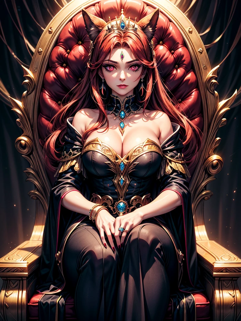 In the dark castle throne room on the huge royal throne in seductive pose siting beatiful demon queen, She have beautiful face with pink eyes rakr eye shadows and dark lipstick sexy make up, golden ring shape earrings on her ponty ears. she have long gorgeous bloody red hair.. dressed in majestic sexy black royal robe with golden metal parts, also she have tattoo all over her body her hands have lonf beautiful nails, (ultra high quality fantasy art, ghothic dark fantasy style, masterpiece, ultra high quality character design, 8k quality anime art, realistic anime art, top quality wallpaper illustration, detailed ultra high quality accurate face, high quality design and accurate physic)