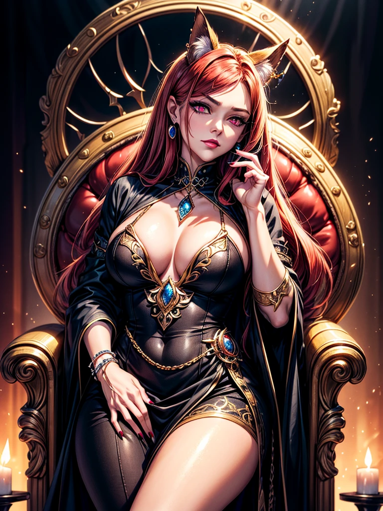 In the dark castle throne room on the huge royal throne in seductive pose siting beatiful demon queen, She have beautiful face with pink eyes rakr eye shadows and dark lipstick sexy make up, golden ring shape earrings on her ponty ears. she have long gorgeous bloody red hair.. dressed in majestic sexy black royal robe with golden metal parts, also she have tattoo all over her body her hands have lonf beautiful nails, (ultra high quality fantasy art, ghothic dark fantasy style, masterpiece, ultra high quality character design, 8k quality anime art, realistic anime art, top quality wallpaper illustration, detailed ultra high quality accurate face, high quality design and accurate physic)