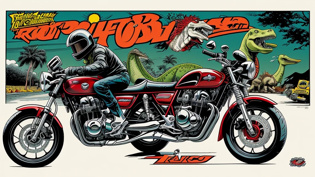 cartoon of a man riding a motorcycle HONDA CB400 Four with a dinosaur on the back, underground comix, a digital rendering, by Ed Roth, rat fink style, ratfink, frank kozik, motorbikers race in hell, john kricfalusi