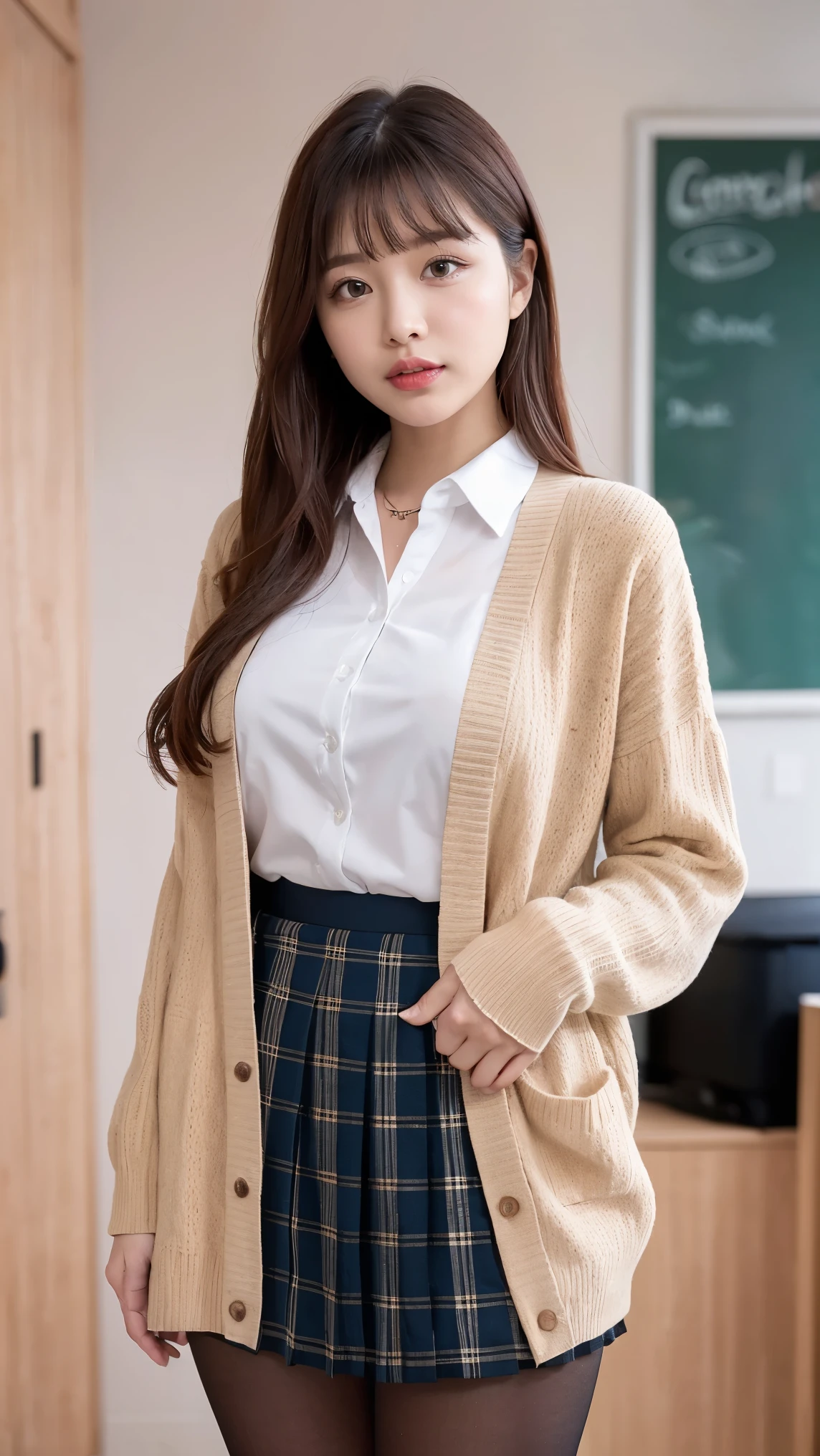 (((8k、High resolution、Highest quality、High resolution)))alone、Natural body shape、White skin、Natural Makeup、((Black Hair、bangs、Straight Long Hair))、(((((skirt lift)))))、、(I can see her panties:1.4)、((Detailed Panty Pattern、Panty Focus))、(((((Full body photo)))))、(((Looking into the camera)))、(((Wear a uniform on the upper body)))、Bedroom、(((Of high school))) 、((white collared long sleeve blouse))、((Beige cardigan))、((Pleated skirt with dark blue plaid pattern、mini skirt、Ultra-realistic pantyhose))、、、Embarrassed expression、Embarrassed、((Exposing thighs))