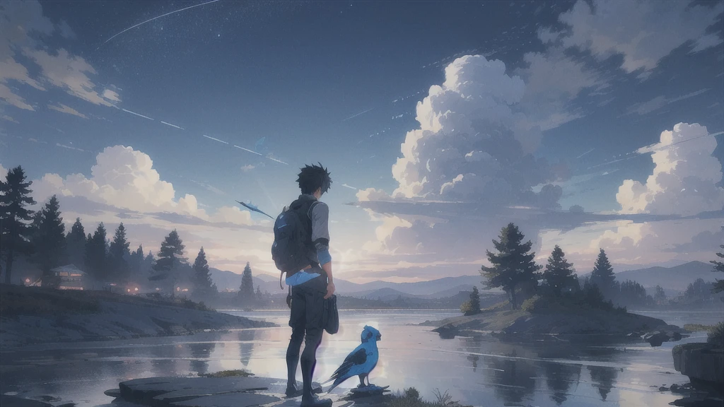 真っ暗なnight空,Octane, star (null), scenery, Blue parakeet,The acoustic guitar is in front of the body.,star, night, A girl and a boy standing back to back, Back view, alone, Outdoor, city,river,Blue parakeet,building, cloud, 天のriver,silhouette