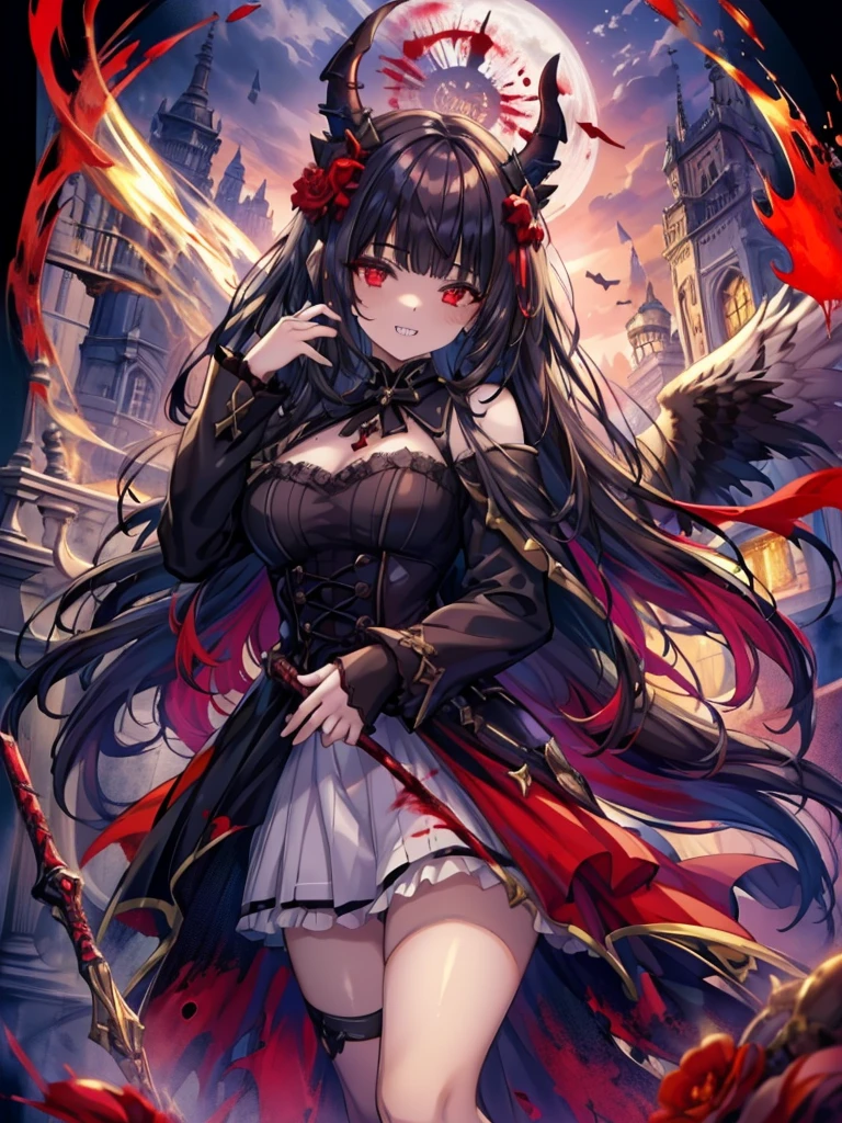 (Highest quality,4K,High resolution,masterpiece:1.2),Very detailed,Realistic:1.37,Spooky altar background,Dark fantasy,Red color scheme,Ominous atmosphere,Eye-catching,Storytelling,anatomy,Anime Style,Concept Art,beautiful細部までこだわった顔と (((Red eyes ))),Terrifying Ritual ,Satanic Ritual,Untimely Death,Unjust act,Crazy Smile,Scythe Face,Girl Monster, beautiful, Delicate facial features, Sharp Eye, Sharp Fangs, Pale skin, Thick chain, Dark Background, Cinema Lighting, Dramatic Shadows, Gothic style, Gloomy atmosphere, Dark fantasy, One Girl, , Please open your mouth wide, Open your mouth and baring your teeth,Sharp teeth like a beast, Wide lips, very wide mouth, Vermilion cheeks, ,(Blood splatter:1.4),Scary smile, laugh at,Fallen angel design, Twisted smile、Bloodstained、bleeding from the head,,、Blood splatter、,(Blood splatter:1.4),Crossbones, skull,Horror Style, ((Fantasy Fallen Angel Costume)), ((Flowing black hair)), ,(Blood splatter:1.4),Female curves, Sexy flat stomach, Perfect hands, Perfect anime face, ((White Lolita Dress)), Are standing, ((Wicked Smile)), ,(Blood splatter:1.4), Steam circulates, Moonlight Illumination, night lighting, disaster々new devil horns,,(Blood splatter:1.6),アニメFallen angel design, Twisted smile、Bloodstained、bleeding from the head,,、Blood splatter、,(Blood splatter:1.4),Crossbones, skull,Gothic architecture、Western architecture、Fantasy World、,Victorian cities, Skeleton Gaslight,
