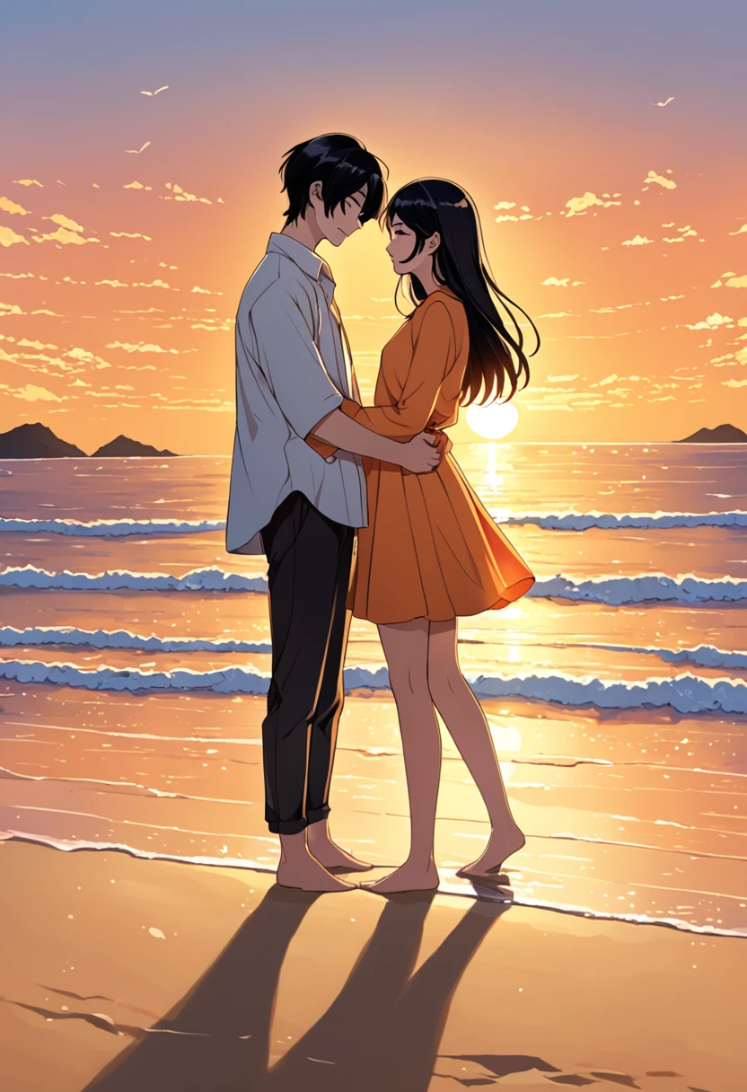 In thai novel art style A couple safic of Two young adult South Korean women with height differences. The oldest in her twenty-eight with her black hair and shorter height and the youngest with her twenty-four years being more than his girlfriend.  Embraced on the shore between sand and sea, they smile like a couple in love while the orange sunset sun illuminates their faces, which are enveloped by the beige colors of the sunset.