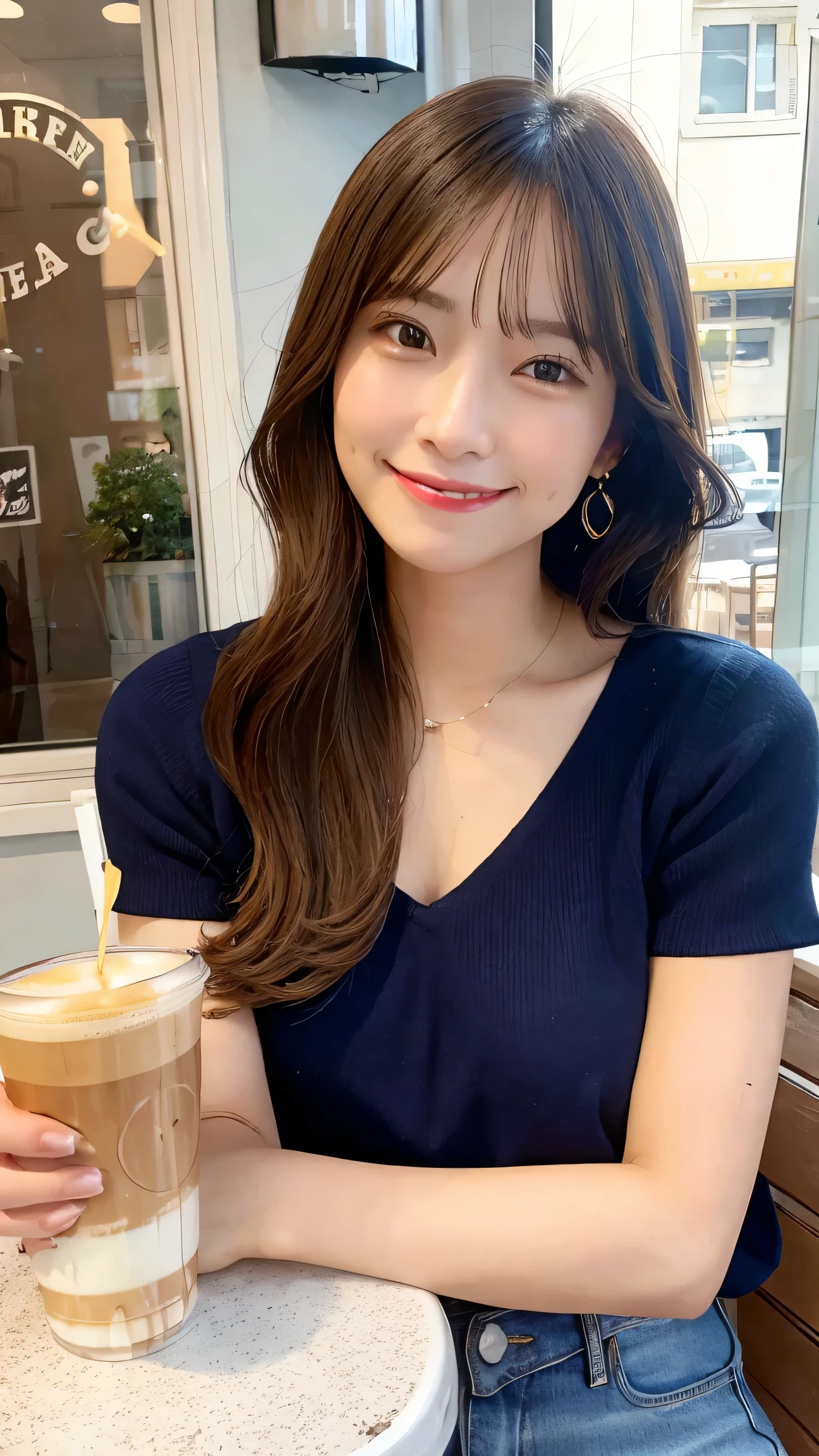 A charming woman in casual clothes, enjoying a coffee at a quaint café. She is wearing jeans and a cute top, smiling warmly as she sips her coffee and looks out the window