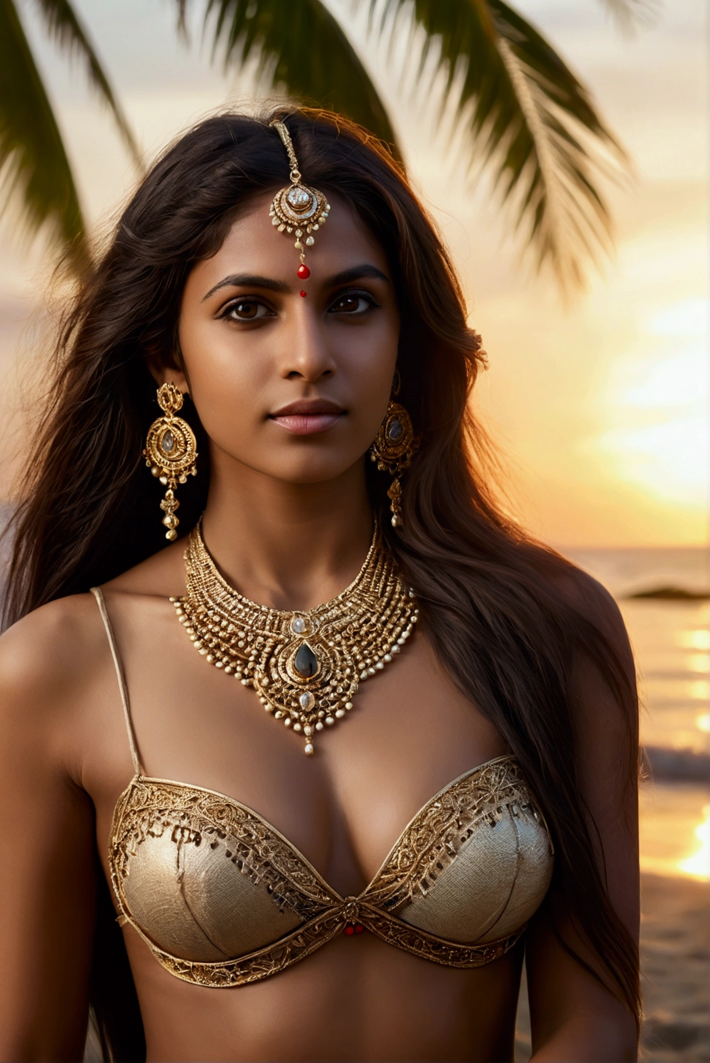 side topless portrait of A confident-looking indian woman, in kamasutra cowgirl pose, princess with long flowing hair, hazel eyes, designer jewellery, visible c-cup breast, sitting on beach, coconut tree background, bokeh, sunset time, perfect composition, hyperrealistic, super detailed, 8k, high quality, trending art, trending on artstation, sharp focus, photo shoot, intricate details, highly detailed, art by greg rutkowski
