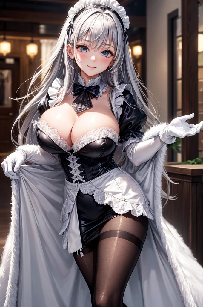 (high quality, 8k, 4K, High Contrast, masterpiece:1.2, 最high quality, Best aesthetics), , Maid, Very detailed, Seductive and erotic girl with lace headdress, smile, (large breast, Silver fur, white gloves), Focus on the face, Focus on the face, Complex eyes, tights, laced tights, coffee shop, Ground angle shot, Viewers looking up, feet in tights, Open-chested clothing