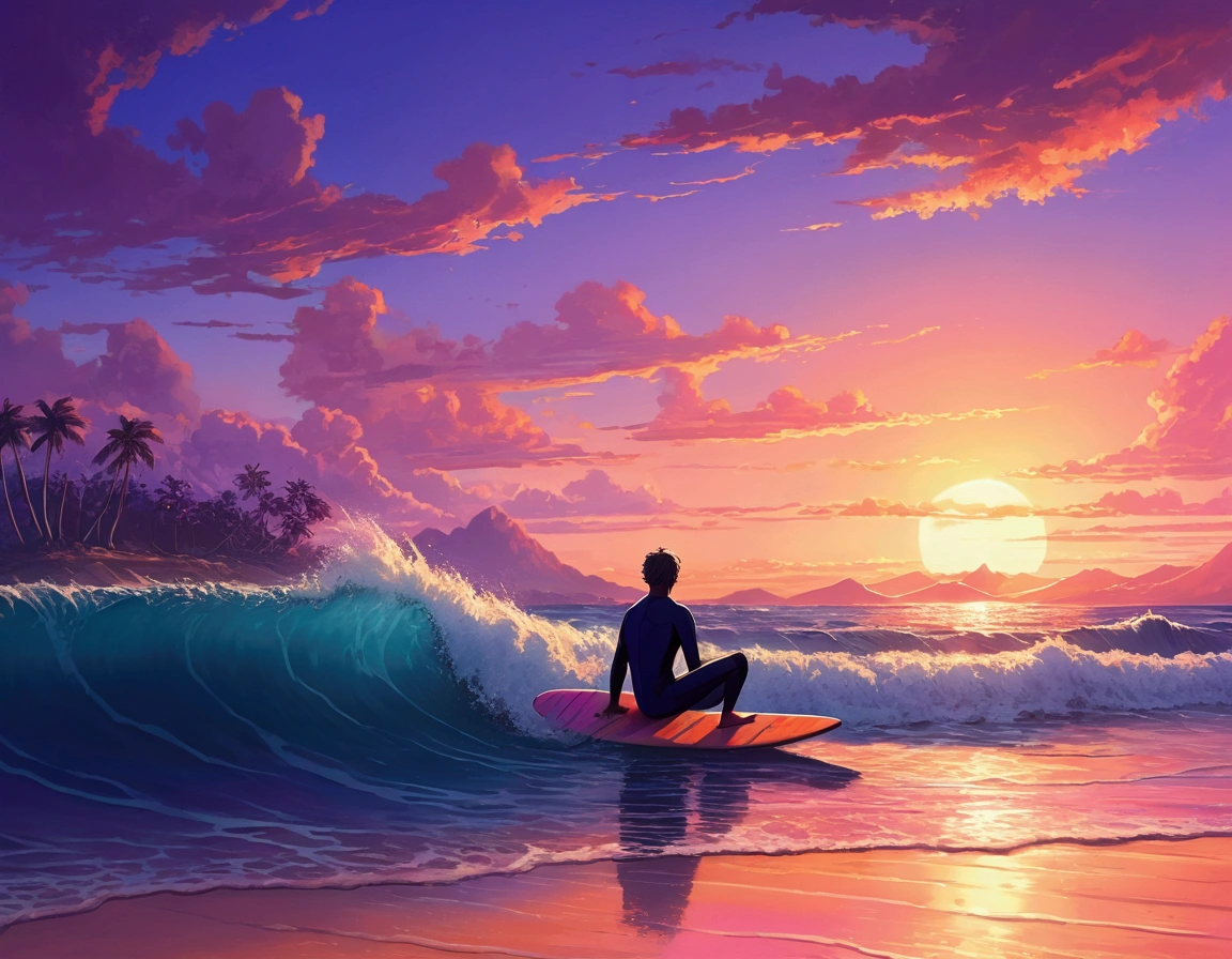 2D illustration, anime, Manga style ,Surfer sitting on a surfboard, Waiting for the perfect wave, A breathtaking sunset paints the sky orange as a backdrop, pink, Purple and