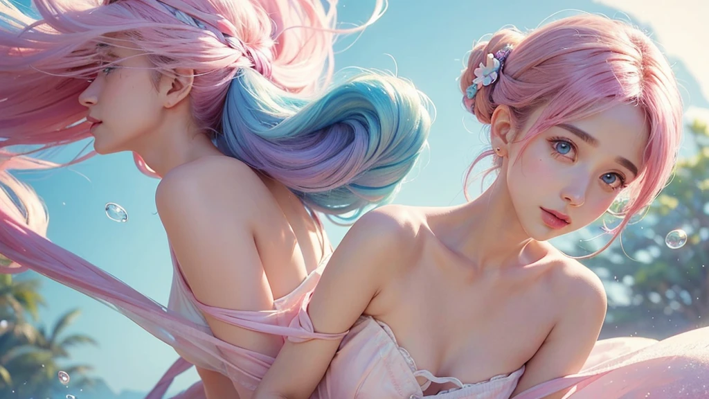 ((masterpiece)). This work is wonderful, dream-like、Fantastic, Soft pink watercolor shades with candy accents. Generate and explore delicate and understated fairies (A colorful bubble gum world in pastel colors). Her sweet face is extremely detailed and realistic with elegant features and a fierce expression, And it becomes ((((Naomi Scott)))). Mature characteristics and stunning, Extremely realistic eyes. Her eyes are important、Be realistic, Very detailed, And it's beautiful. High resolution and detail, Include many details like stars, Milky Way, Colorful bubbles, Colorful petals, And a lot of energy and emotion! Stars and colorful bubblegum bubbles are important! Include fantasy details, Enhanced Details, iris, Colorful sparkling wind, And pollen. Pay special attention to her face、Make sure it's beautiful and realistic in detail。. The image should be dream-like、Fantastic.8k, Complex, elegant, Very detailed, Majestic, Digital photography