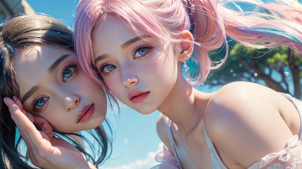 ((masterpiece)). This work is wonderful, smile, dream-like、Fantastic, Soft pink watercolor shades with candy accents. Generate and explore delicate and discreet fairies (A colorful bubble gum world in pastel colors). Her sweet face is extremely detailed and realistic with elegant features and a fierce expression, And it becomes ((((Naomi Scott)))). Mature characteristics and stunning, Extremely realistic eyes. Her eyes are important、Be realistic, Very detailed, And it&#39;s beautiful. High resolution and detail, Include many details like stars, Milky Way, Colorful bubbles, Colorful petals, And a lot of energy and emotion! Stars and colorful bubblegum bubbles are important! Include fantasy details, Enhanced Details, iris, Colorful sparkling wind, And pollen. Pay special attention to her face、Make sure it&#39;s beautiful and realistic in detail。. The image should be dream-like、Fantastic.8k, Complex, elegant, Very detailed, Majestic, Digital photography