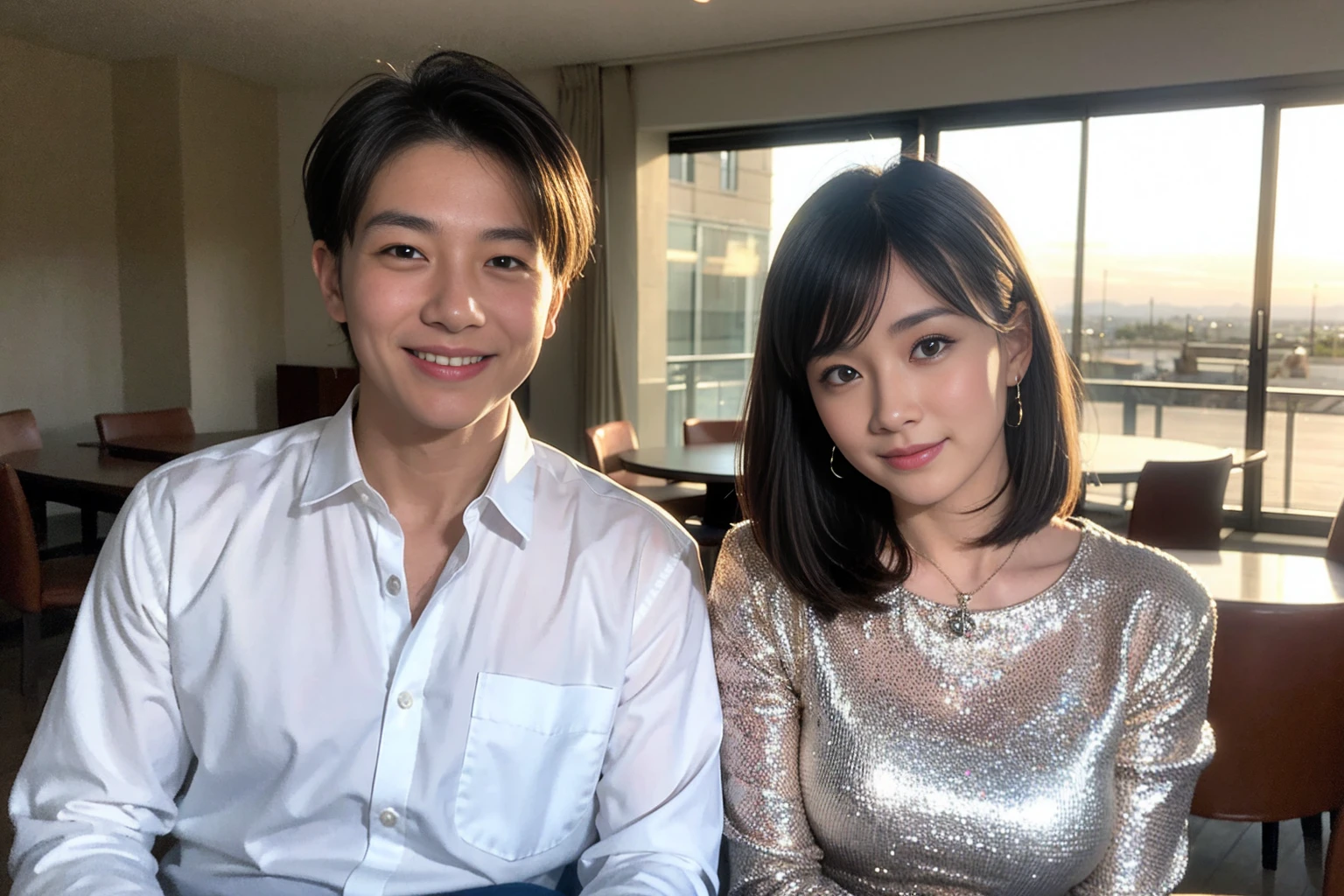 ((Highest quality、、masterpiece:1.3))、1 male、1 female,36 years old 39 years old、Shine the light on my face、Slim Beauty、Beautiful couple、Upper Body、smile、 (Slim face), (the body is スリム), (Brown Hair), (Shortcuts), テーブルのフルコースディナーとwine glass、Amazing view of the sunset sky and clouds、smileの美しさ、Wine bottle、sparkling wine、Long sleeve shirt、dress、White wine, red wine, wine glass, Beautiful fine grain, Depth f/2,saturation, High Contrast, Strong light and shadow,Moist Body:1.5、 texture、The hair is very shiny、
