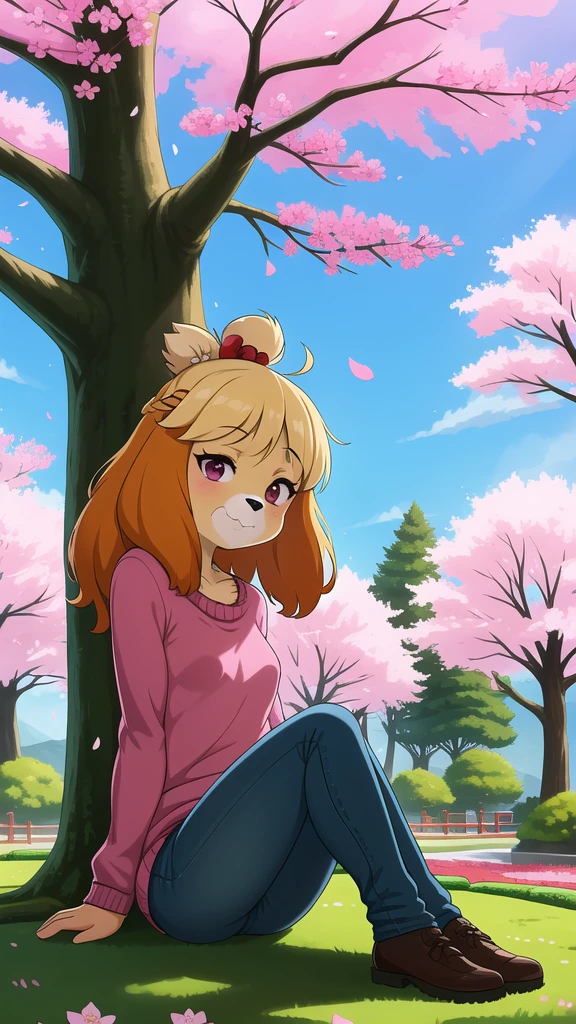 (Isabelle \(Protect animals\):1.1), (masterpiece, best quality:1.15), 1 Girl, Solitary, Small Breasts, Looking at the audience, Maroon eyes, permanent, Cross your legs, Even attract, Killer sweater, jeans, sky, picturesque, Idyllic, outdoor, Cherry blossoms, Tree, Japanese Architecture, garden, pink, Flowers, petal, falling petal, Japanese Garden, used to be, Cherry blossoms, Long hair, French Braid, Ahog, affectionate, Small heads, Small Eyes, Flat nose