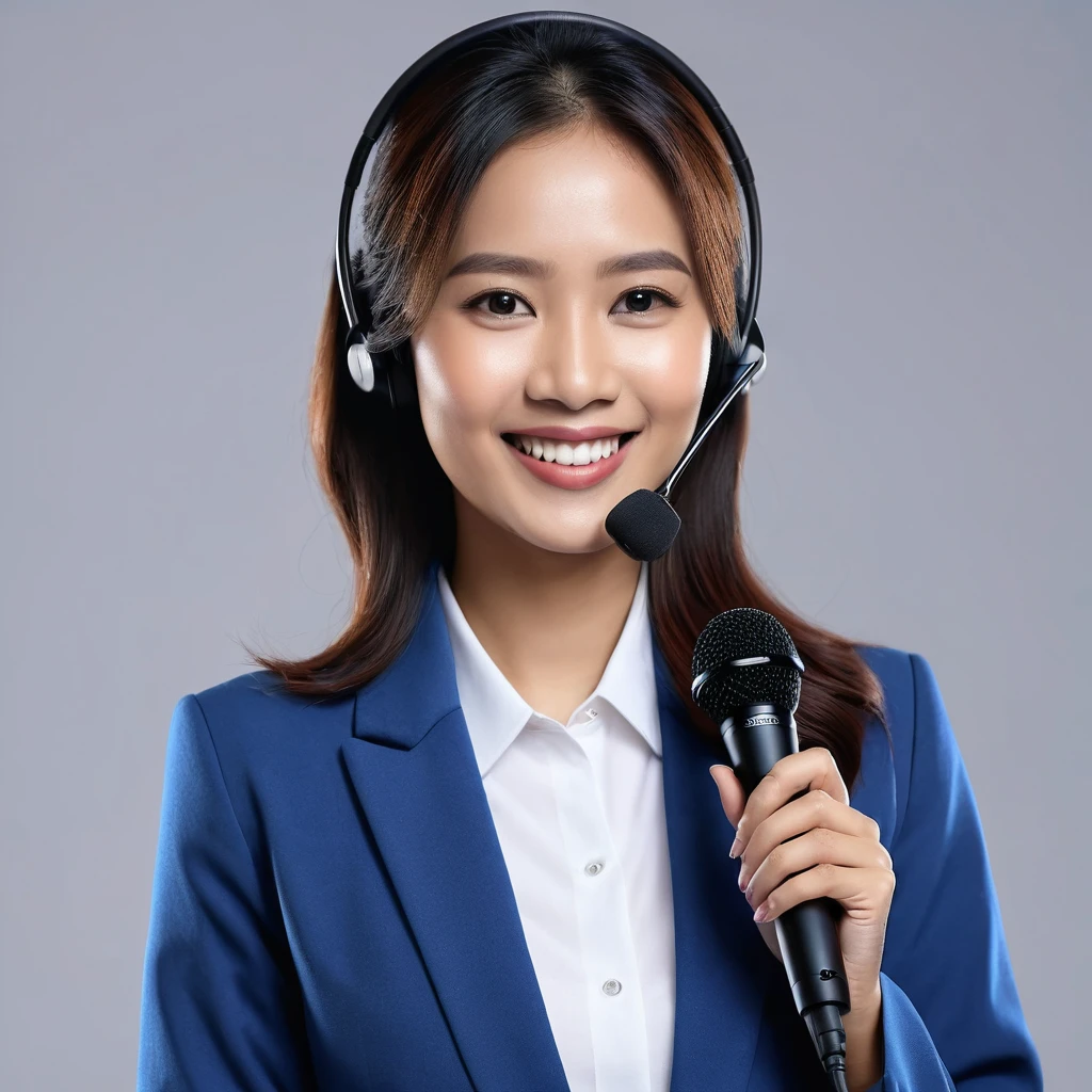 Photography image of an Indonesian female customer service person wearing a black wireless mic, wearing a blue long jacket. Radiant face, smile, charismatic. Background view white color, Realistic, ultra hd 24k, stand full body view.