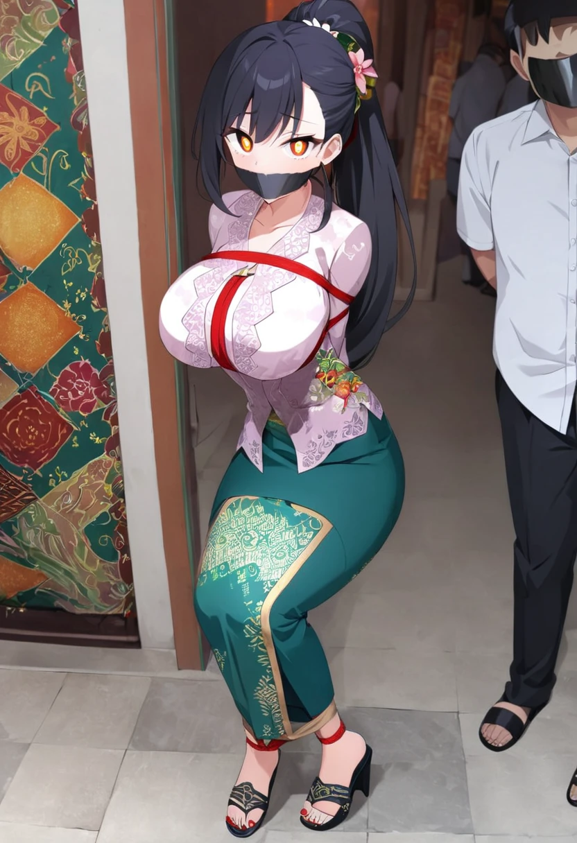 score_9, score_8_up, source_anime, 1girl, solo,The photo features a woman standing in traditional decorations. She is wearing traditional attire consisting of a light green kebaya with lace trim and a long green skirt with batik or songket patterns. The woman is also wearing white high-heeled sandals, and there is a frangipani flower tucked behind her left ear. The surrounding environment has ornate decorations, likely from Bali or Java. , (bound wirsts), (arms behind back), (tapegag, tape gag), dramatic,  (looking at viewer), (detailed pupils:1.3),pencil skirt ,red rope, thick rope,big breast,long hair,black hair,ponytail hair, flower ornament in ear 