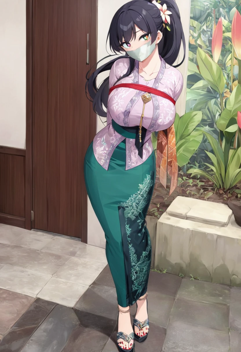 score_9, score_8_up, source_anime, 1girl, solo,The photo features a woman standing in traditional decorations. She is wearing traditional attire consisting of a light green kebaya with lace trim and a long green skirt with batik or songket patterns. The woman is also wearing white high-heeled sandals, and there is a frangipani flower tucked behind her left ear. The surrounding environment has ornate decorations, likely from Bali or Java. , (bound wirsts), (arms behind back), (tapegag, tape gag), dramatic,  (looking at viewer), (detailed pupils:1.3),pencil skirt ,red rope, thick rope,big breast,long hair,black hair,ponytail hair, flower ornament in ear 
