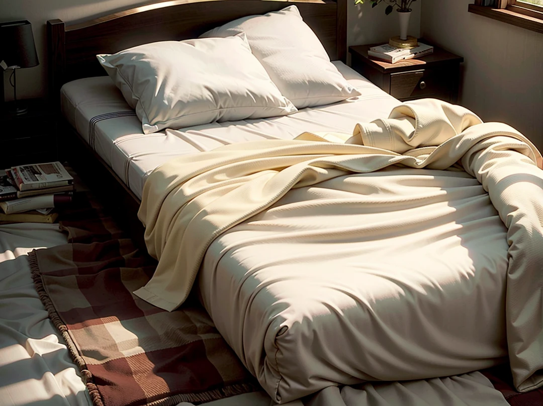 there is a bed with a white comforter and pillows on it, large comfy bed, un made bed, messy bed, bed is not made, bed, bed on the right, curled up under the covers, cozy bed, Very comfortable], small bed not made, laying in bed, white bed, someone sits in bed, Very comfortable, lying in bed