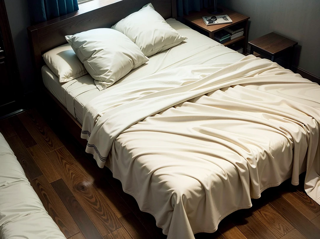 there is a bed with a white comforter and pillows on it, large comfy bed, un made bed, messy bed, bed is not made, bed, bed on the right, curled up under the covers, cozy bed, Very comfortable], small bed not made, laying in bed, white bed, someone sits in bed, Very comfortable, lying in bed