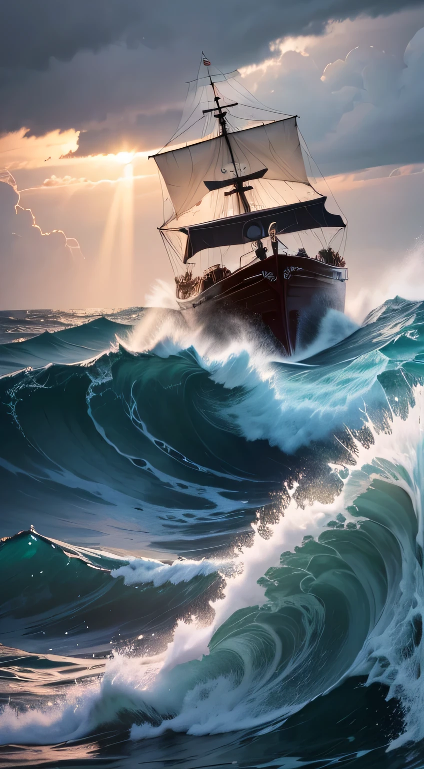 Stable image of a boat in the midst of a storm, with Jesus at the stern, waves crashing over the boat, as He rebukes the wind and the sea.