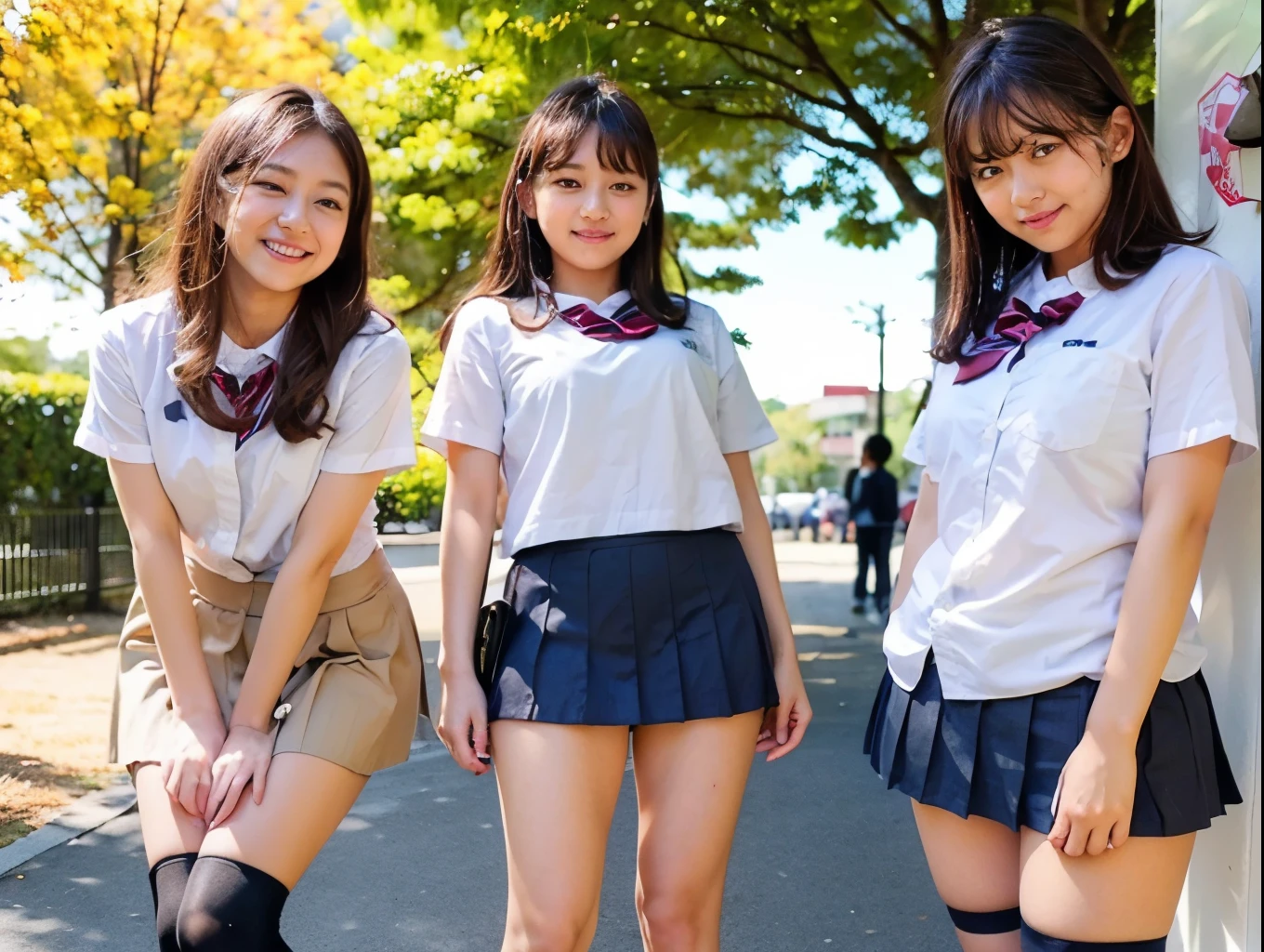 ((Multiple Girls:1.5、Five girls standing close together:1.5、high school girl:1.3、5 cute Japanese girls)、Girls posing、Commemorative photo in front of the school)、(Realistic、Like a photograph、Live Action、(Realistic, RAW Photos, Best image quality: 1.4), Single-lens reflex camera、RAW Photos, Highest quality, Realistic, Very detailedなCGユニティ8K壁紙, Written boundary depth, Cinematic Light, Lens flare, Ray Tracing, Realistic background、(School Uniform:1.37、Pleated skirt:1.4、mini skirt:1.3、Knee-high socks、Toned body)、((Ultra-Dense Skin))、 5 cute japanese students、((((whole body:1.5))、Filming in progress:1.1、Serious expression))、Very detailed、Pay attention to the details、Perfect outfit、(White skin)、Beautiful legs:1.1、Thin thighs、Front view、Anatomically correct body、Accurate fingering